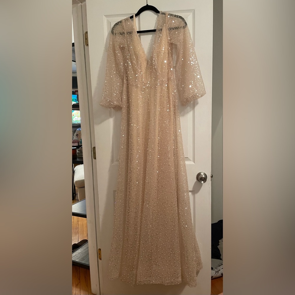 Sparkle Sheer Long Sleeve V-Neck Gown in Champagne